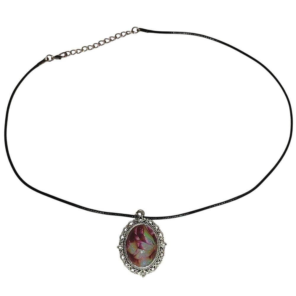 Handmade Acrylic Skin Pendant Necklace Oval Purple Green White Pink Silver Black - Picture 2 of 4